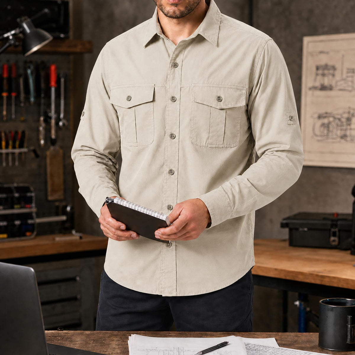 FREDD MARSHALL Men's Long Sleeve Cotton Cargo Work Shirt - Beige