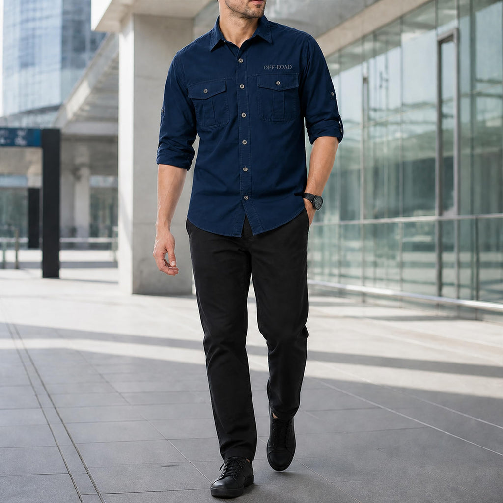 FREDD MARSHALL Men's Roll-Up Sleeve Cotton Cargo Work Shirt - Dark Blue
