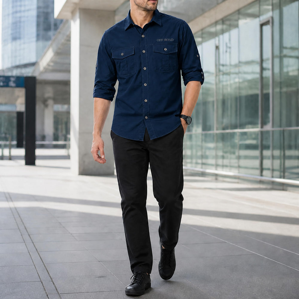 FREDD MARSHALL Men's Roll-Up Sleeve Cotton Cargo Work Shirt - Dark Blue