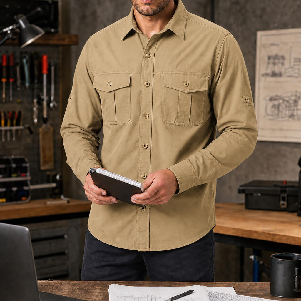 FREDD MARSHALL Men's Long Sleeve Cotton Cargo Work Shirt - Khaki