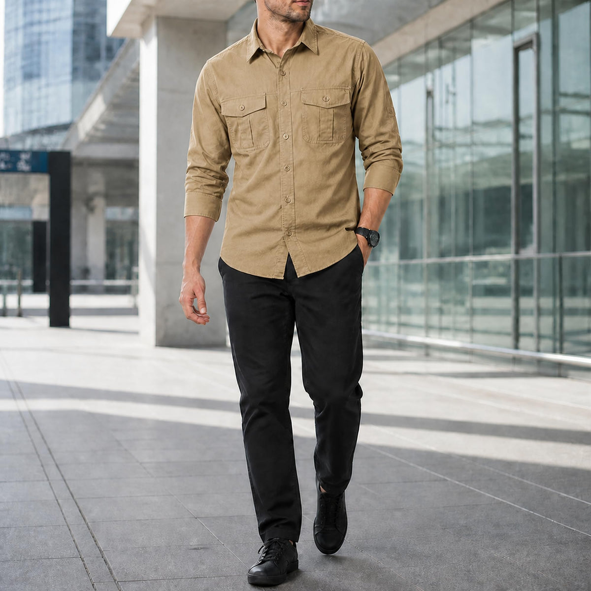 FREDD MARSHALL Men's Long Sleeve Cotton Cargo Work Shirt - Khaki