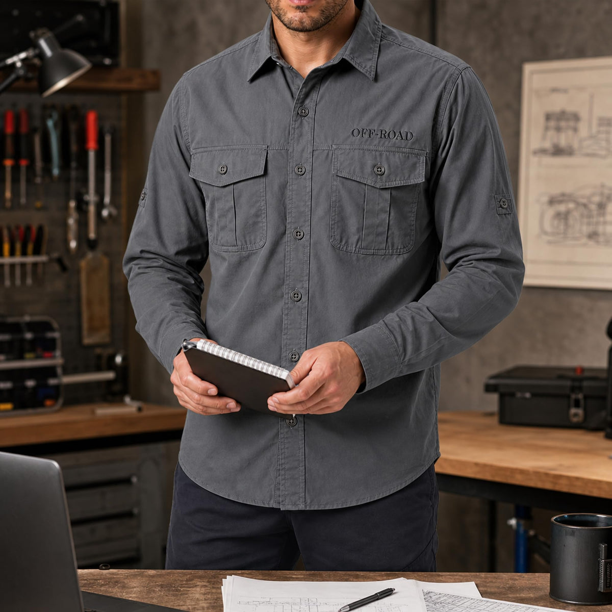 FREDD MARSHALL Men's Roll-Up Sleeve Cotton Cargo Work Shirt - Gray