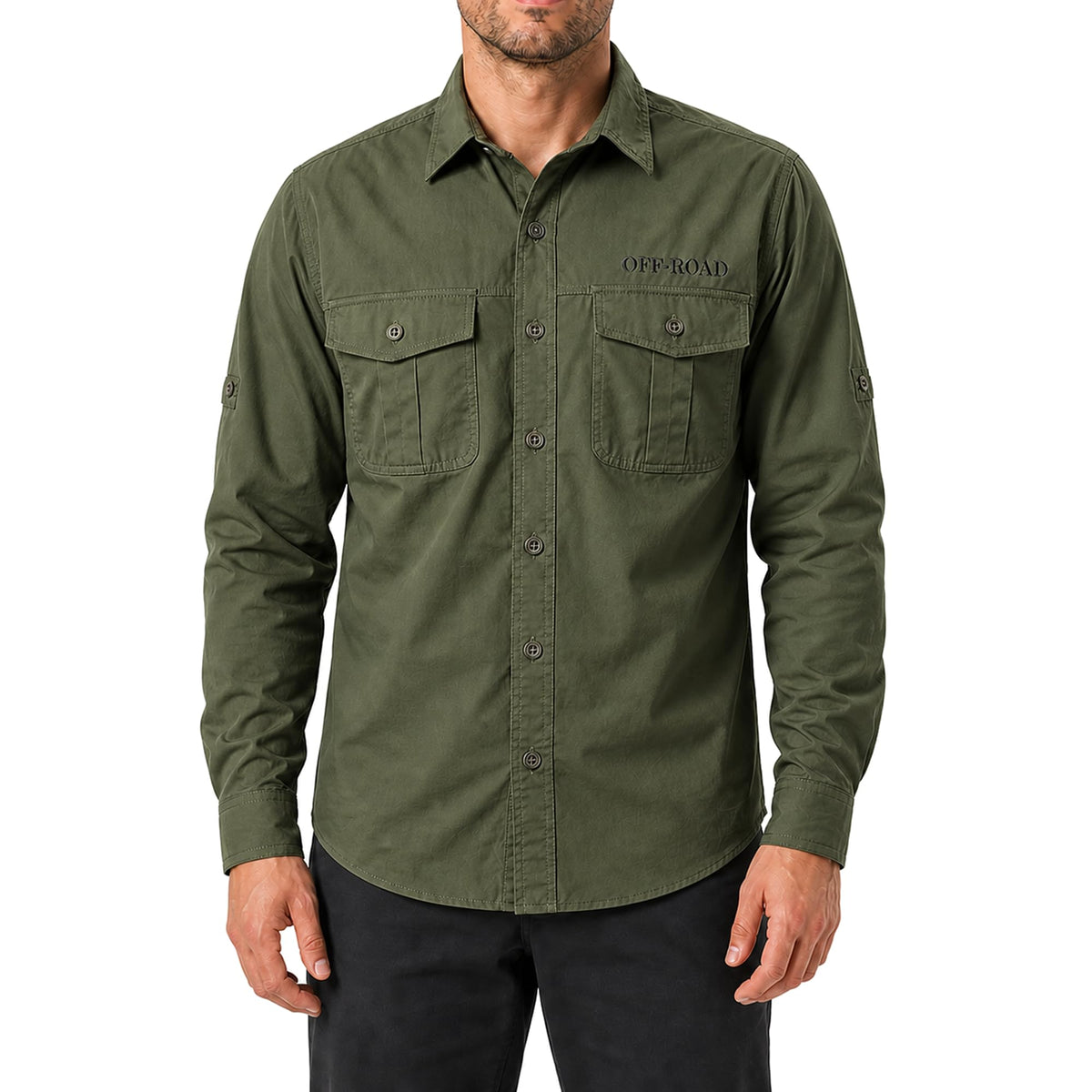FREDD MARSHALL Men's Roll-Up Sleeve Cotton Cargo Work Shirt - Army Green