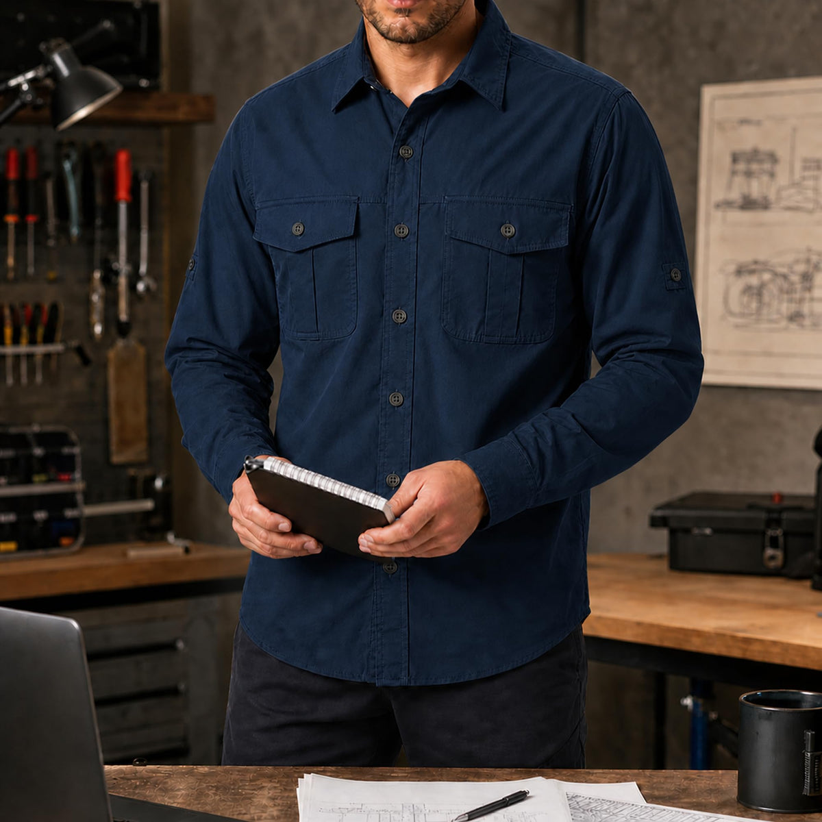 FREDD MARSHALL Men's Long Sleeve Cotton Cargo Work Shirt - Dark Blue