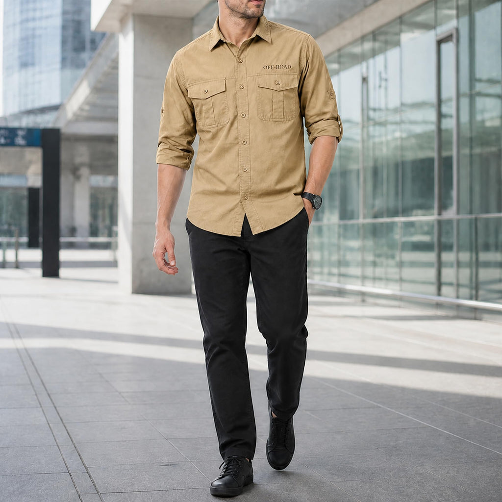 FREDD MARSHALL Men's Roll-Up Sleeve Cotton Cargo Work Shirt - Khaki