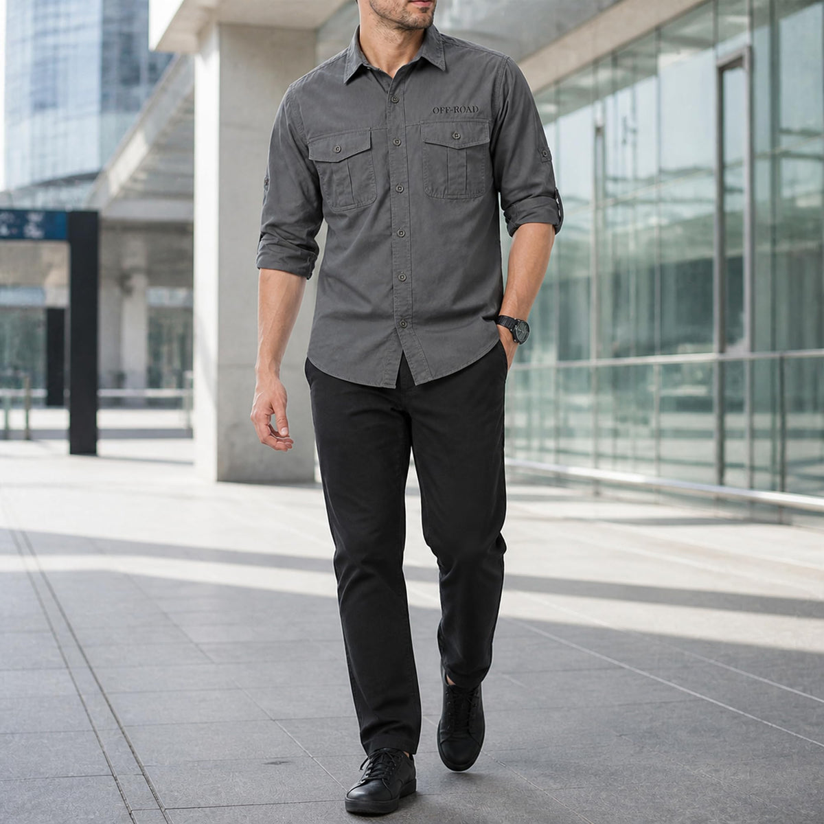FREDD MARSHALL Men's Roll-Up Sleeve Cotton Cargo Work Shirt - Gray