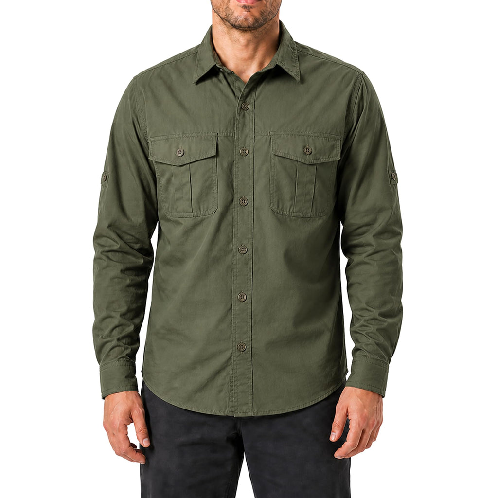 FREDD MARSHALL Men's Long Sleeve Cotton Cargo Work Shirt - Army Green