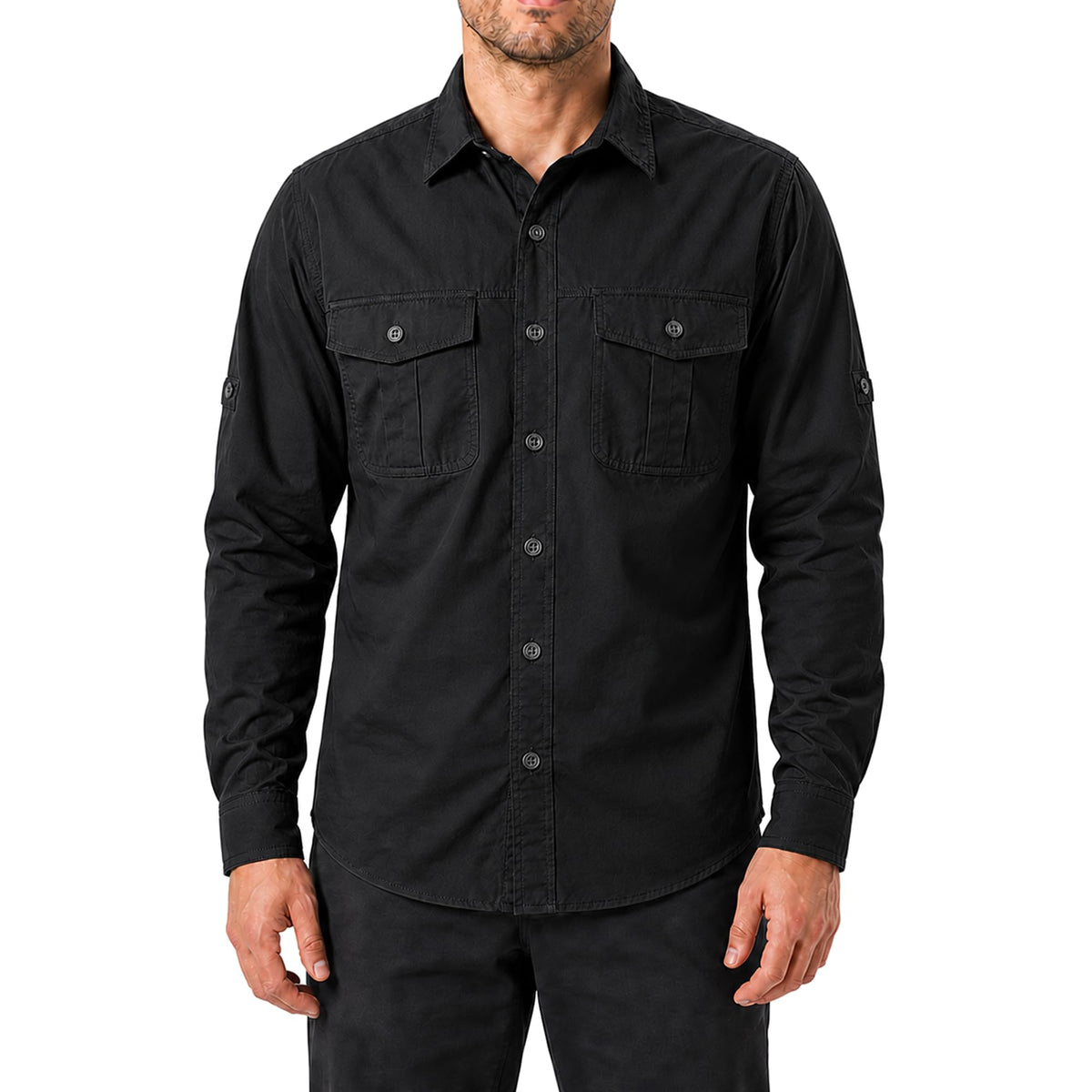 FREDD MARSHALL Men's Long Sleeve Cotton Cargo Work Shirt - Black