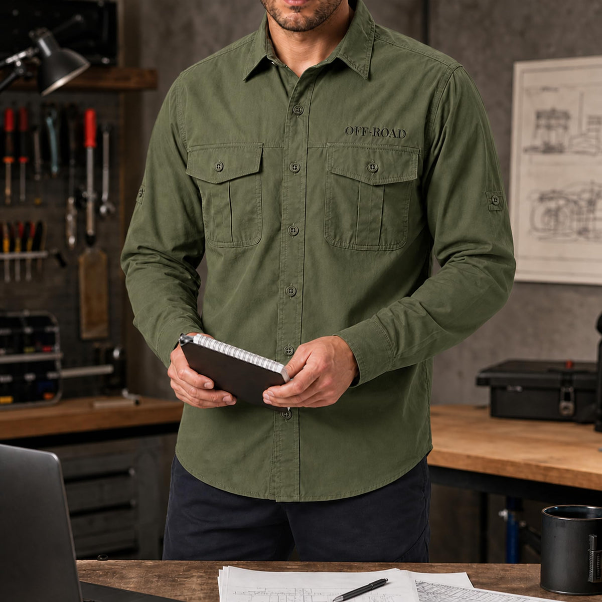FREDD MARSHALL Men's Roll-Up Sleeve Cotton Cargo Work Shirt - Army Green