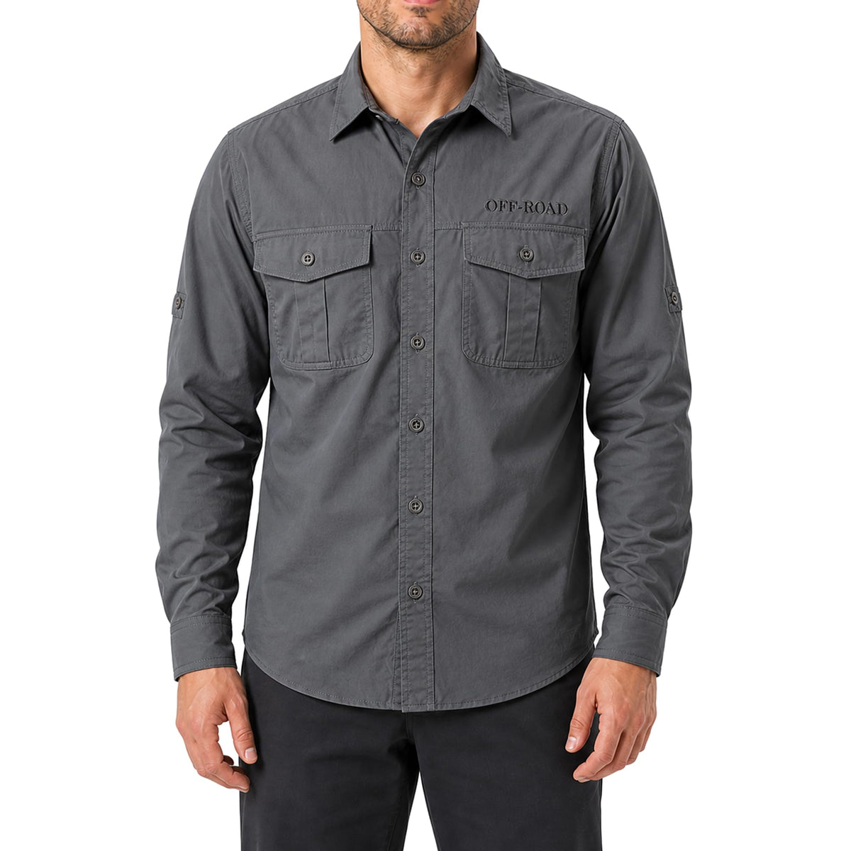 FREDD MARSHALL Men's Roll-Up Sleeve Cotton Cargo Work Shirt - Gray