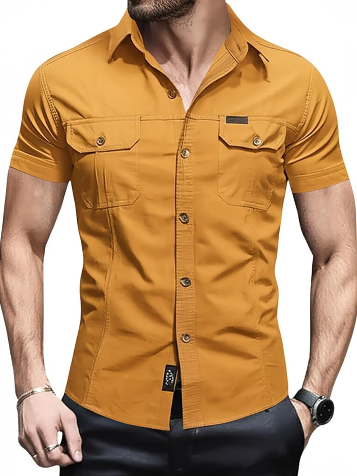 FREDD MARSHALL Men's Pure-Cotton Short-Sleeve Adventure Shirt — Breathable Outdoor — Yellow