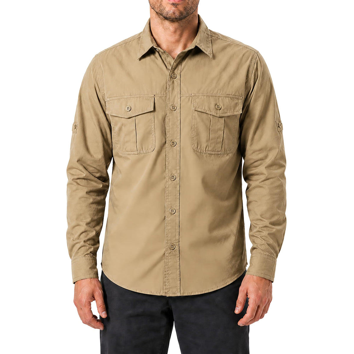 FREDD MARSHALL Men's Long Sleeve Cotton Cargo Work Shirt - Khaki