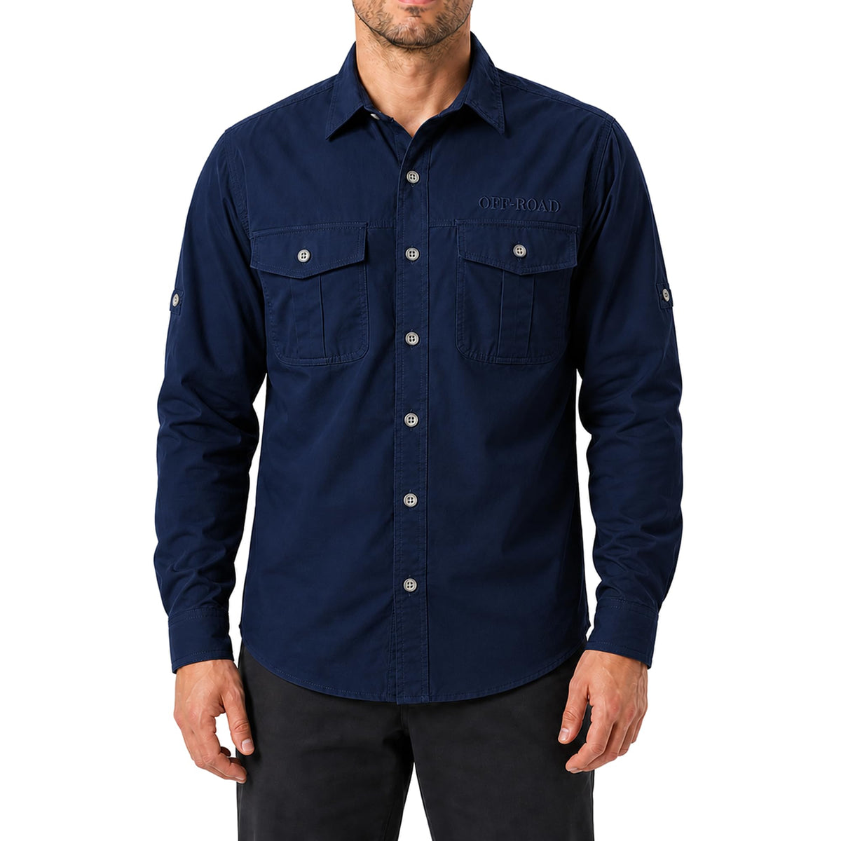 FREDD MARSHALL Men's Roll-Up Sleeve Cotton Cargo Work Shirt - Dark Blue