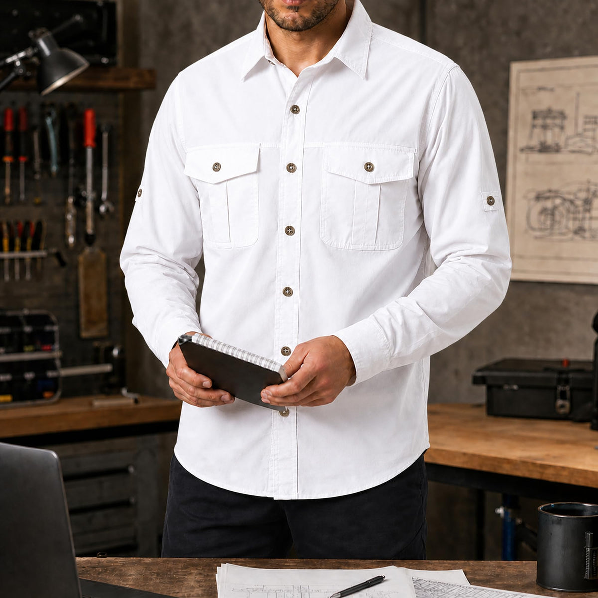 FREDD MARSHALL Men's Long Sleeve Cotton Cargo Work Shirt - White