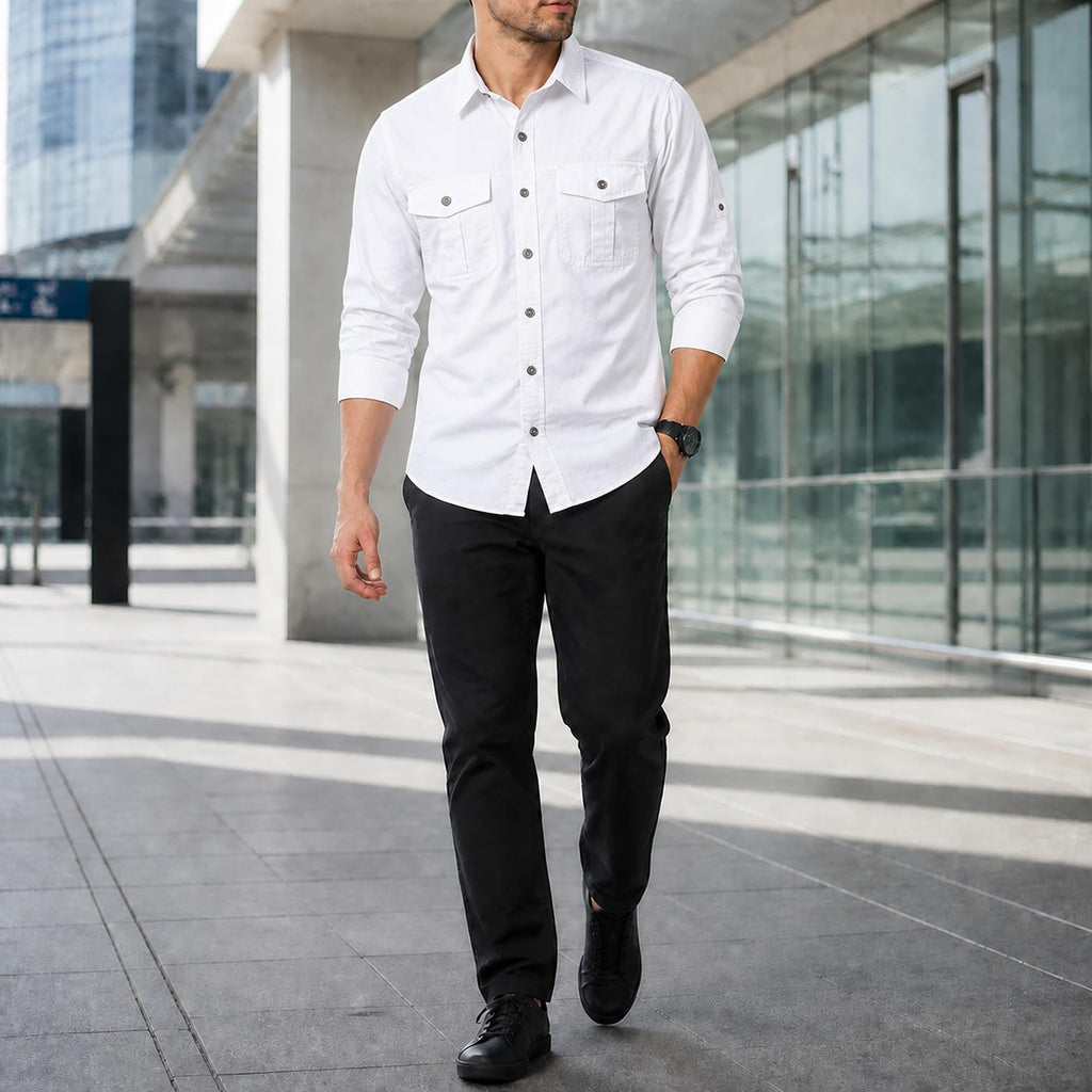 FREDD MARSHALL Men's Long Sleeve Cotton Cargo Work Shirt - White