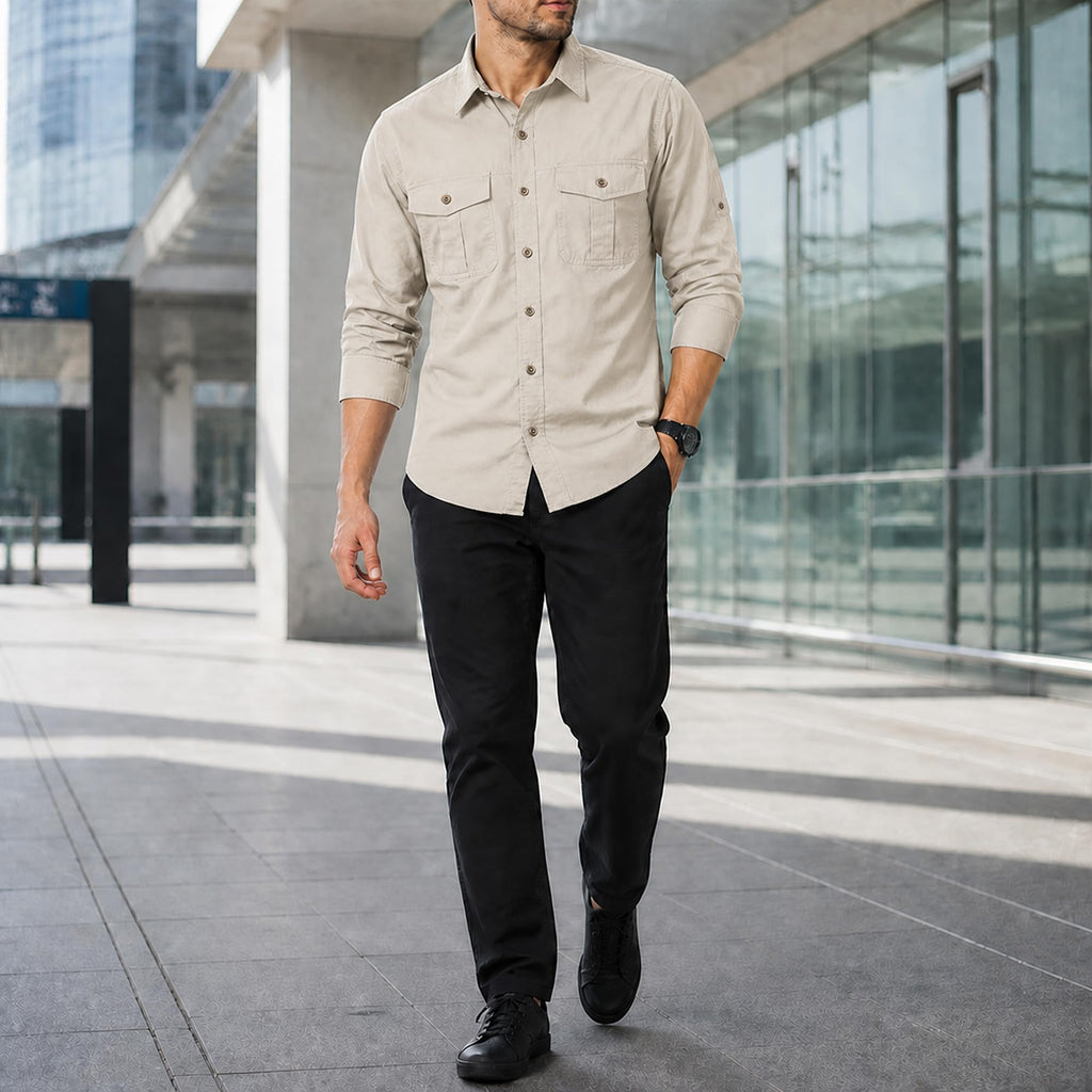 FREDD MARSHALL Men's Long Sleeve Cotton Cargo Work Shirt - Beige