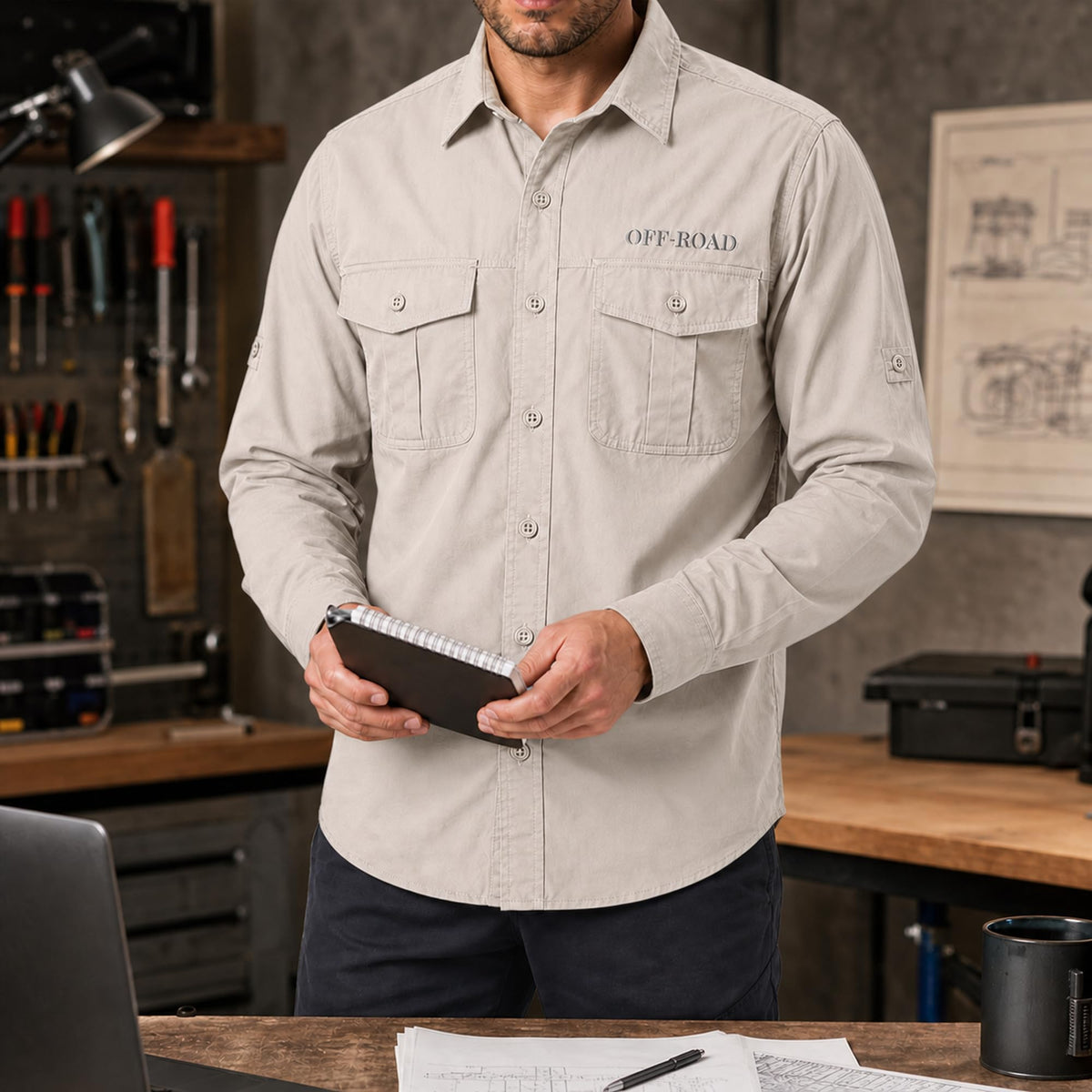 FREDD MARSHALL Men's Roll-Up Sleeve Cotton Cargo Work Shirt - Beige
