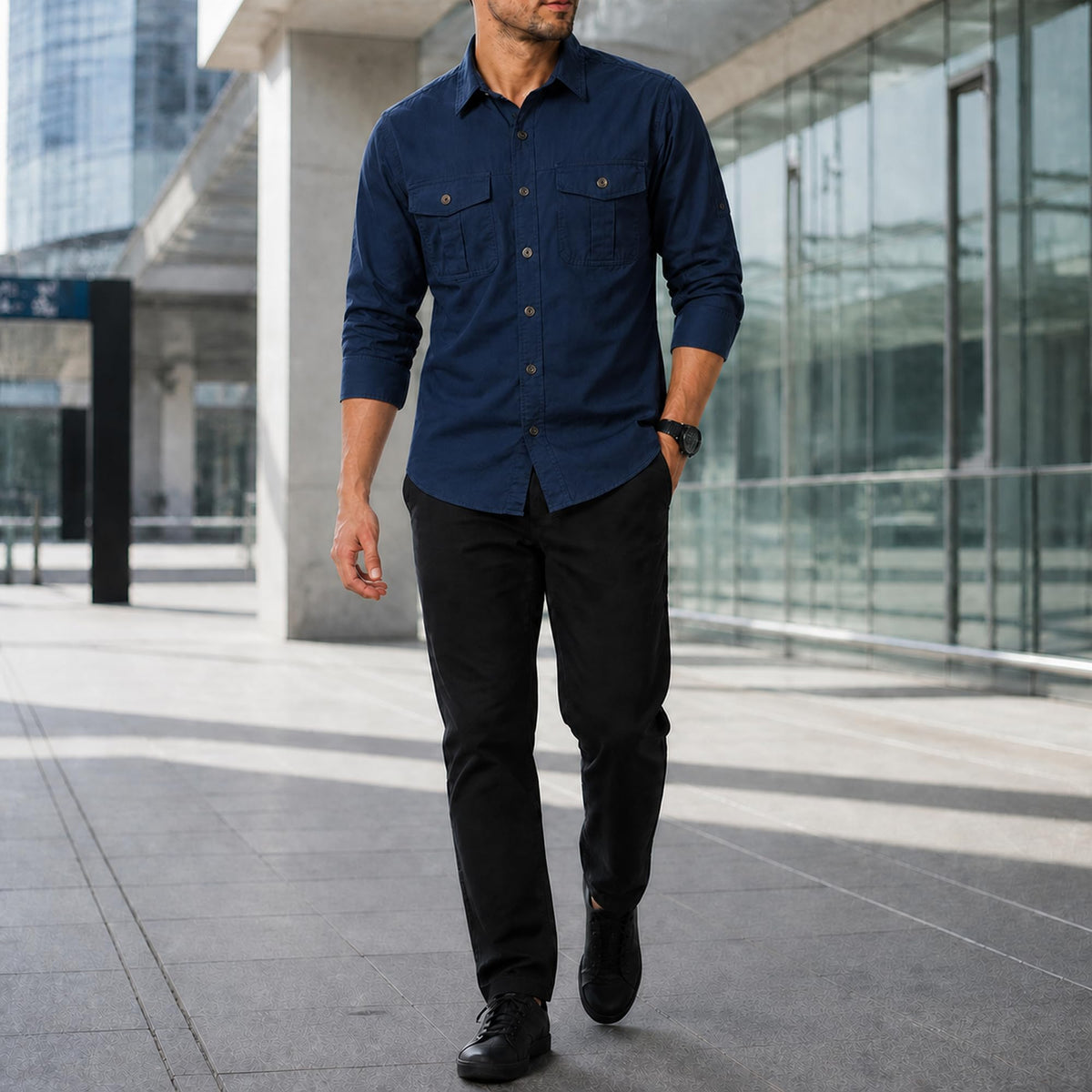 FREDD MARSHALL Men's Long Sleeve Cotton Cargo Work Shirt - Dark Blue