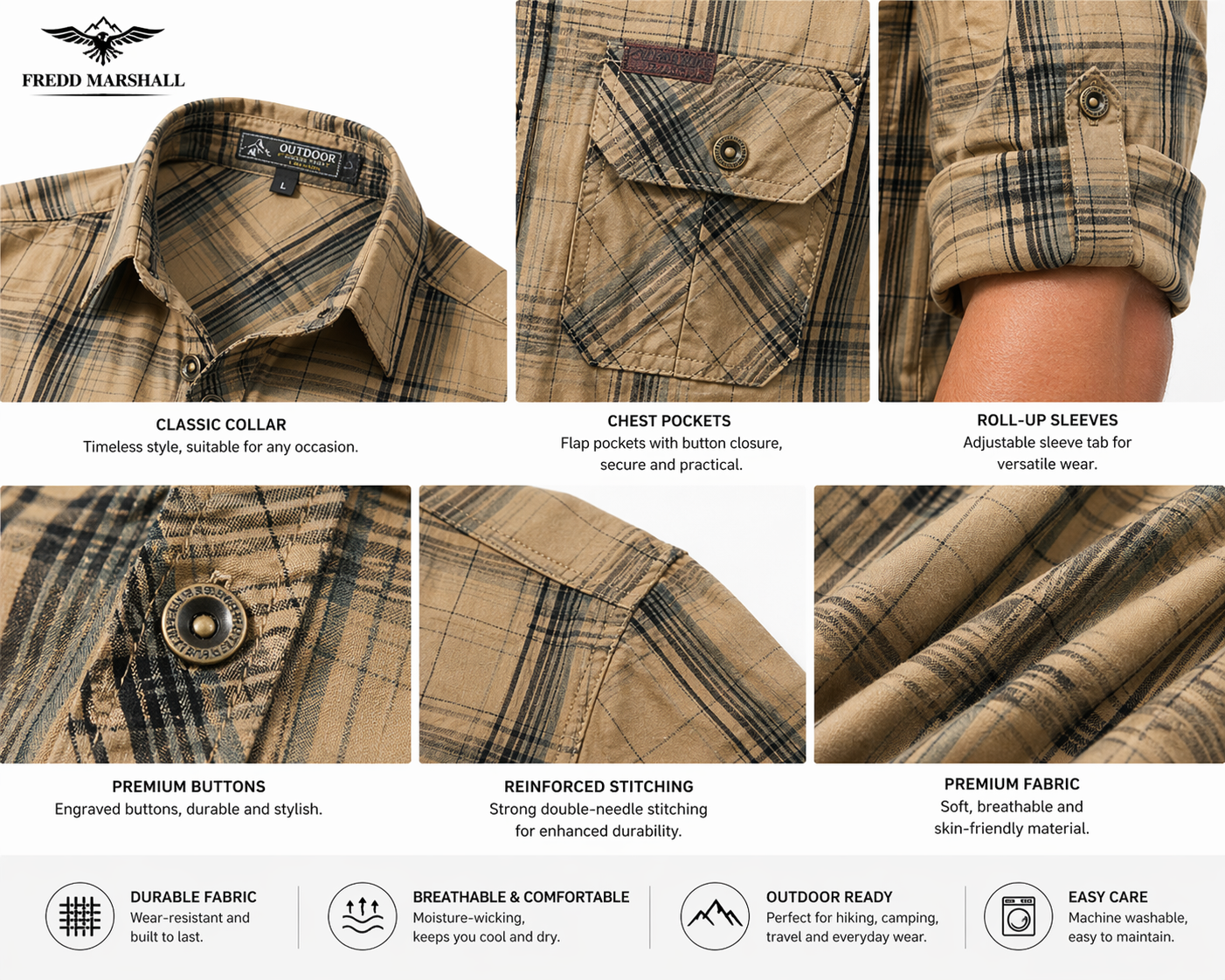 FREDD MARSHALL Men's Tactical Outdoor Shirt — Military Style, Hiking, Workwear