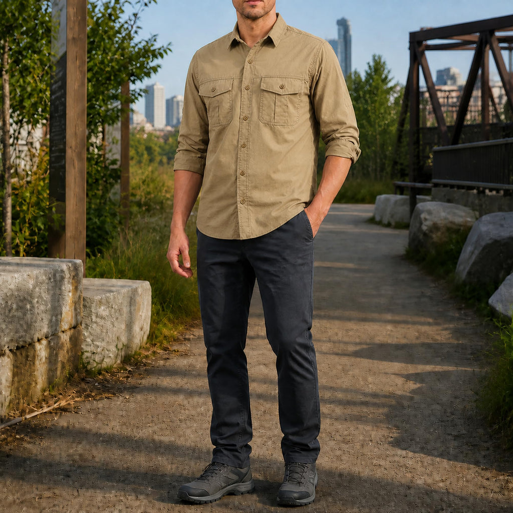 FREDD MARSHALL Men's Long Sleeve Cotton Cargo Work Shirt - Khaki