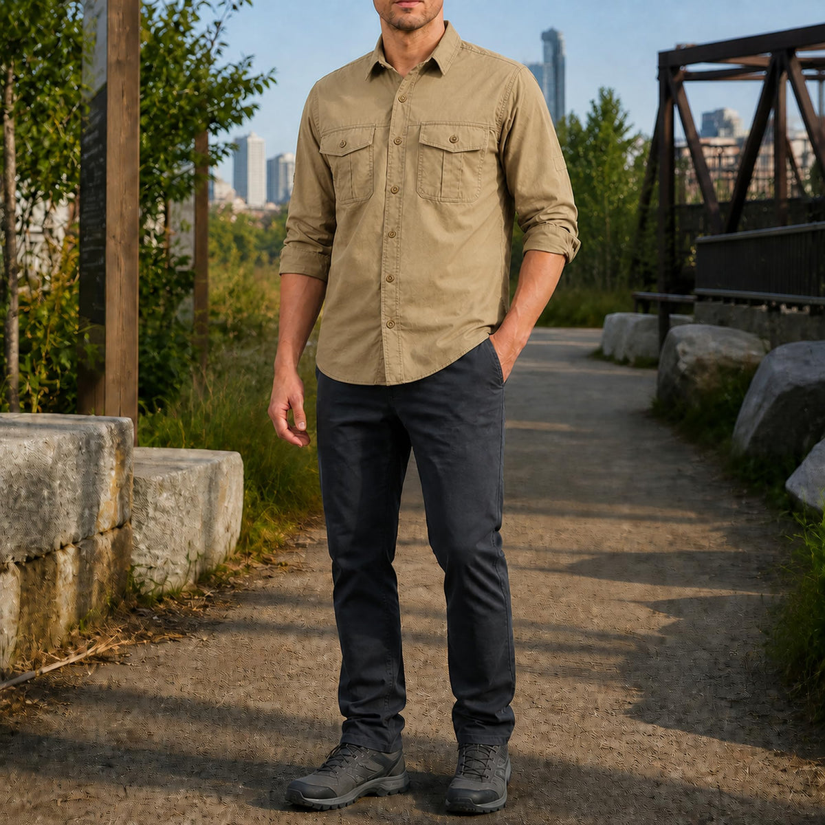 FREDD MARSHALL Men's Long Sleeve Cotton Cargo Work Shirt - Khaki