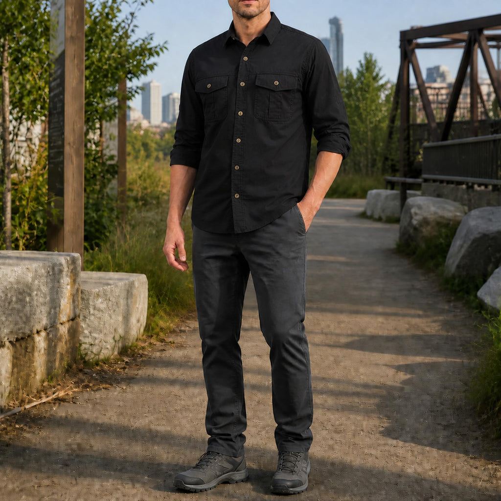 FREDD MARSHALL Men's Long Sleeve Cotton Cargo Work Shirt - Black
