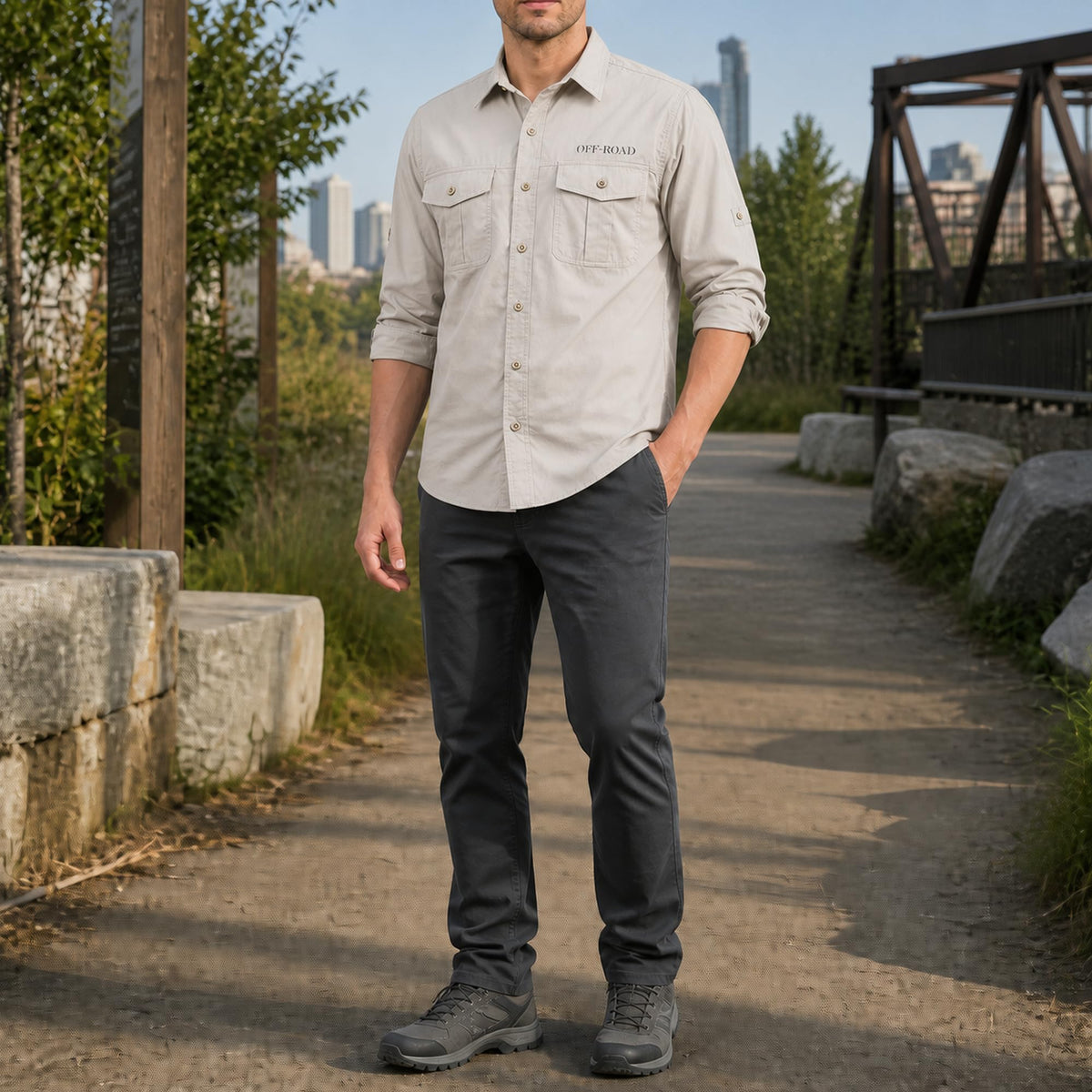 FREDD MARSHALL Men's Roll-Up Sleeve Cotton Cargo Work Shirt - Beige