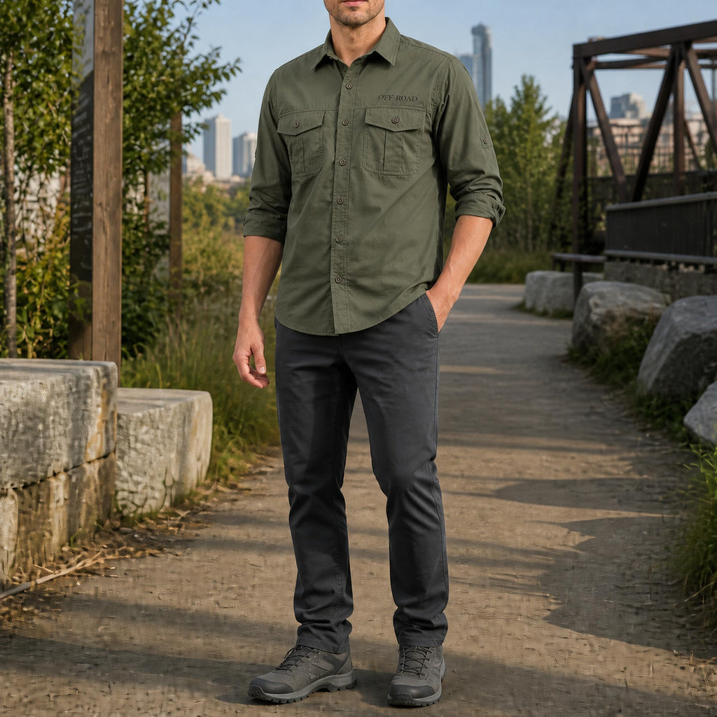 FREDD MARSHALL Men's Roll-Up Sleeve Cotton Cargo Work Shirt - Army Green