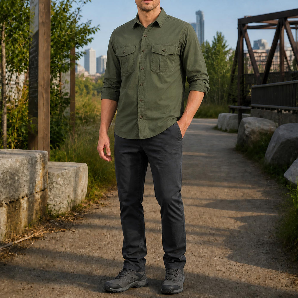 FREDD MARSHALL Men's Long Sleeve Cotton Cargo Work Shirt - Army Green