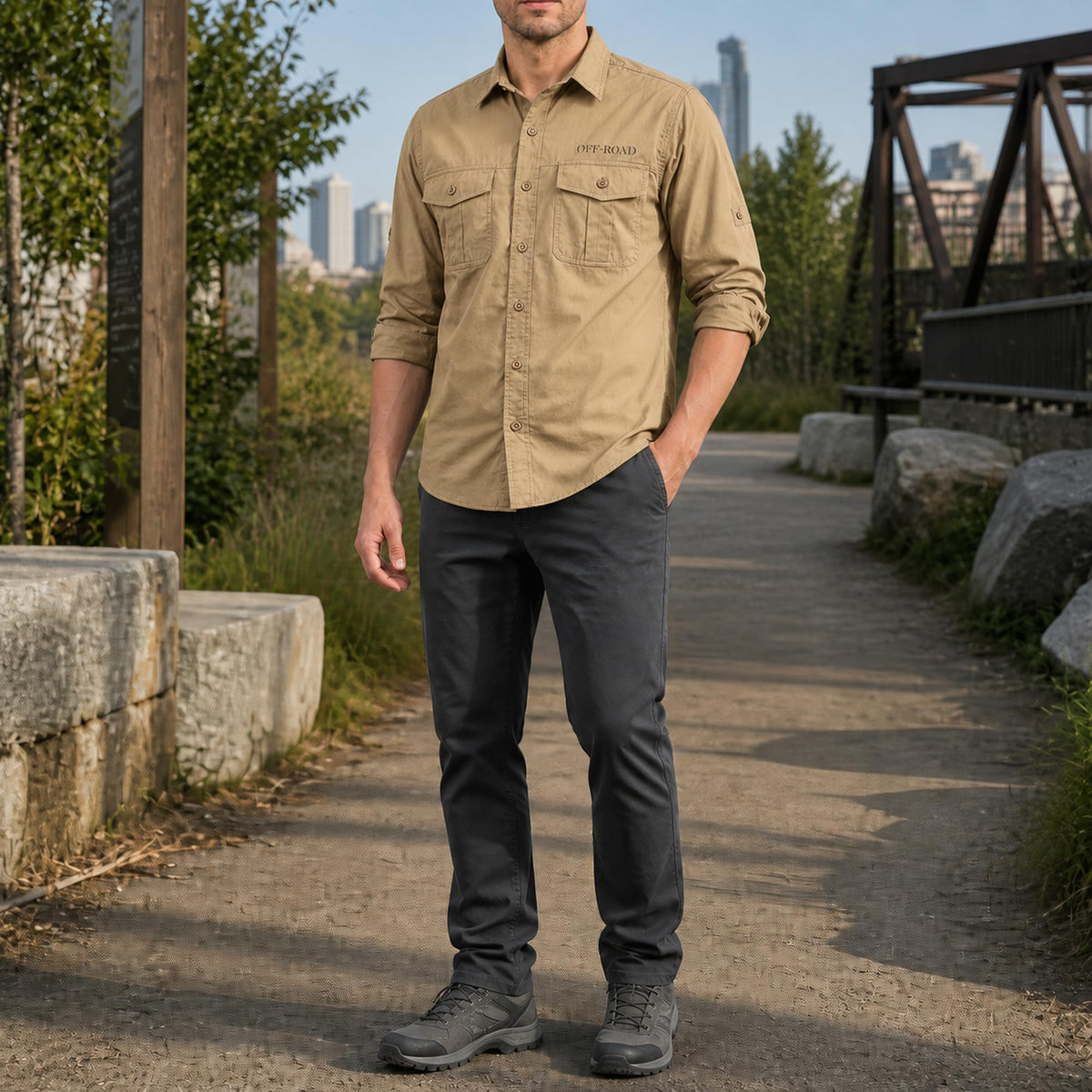 FREDD MARSHALL Men's Roll-Up Sleeve Cotton Cargo Work Shirt - Khaki