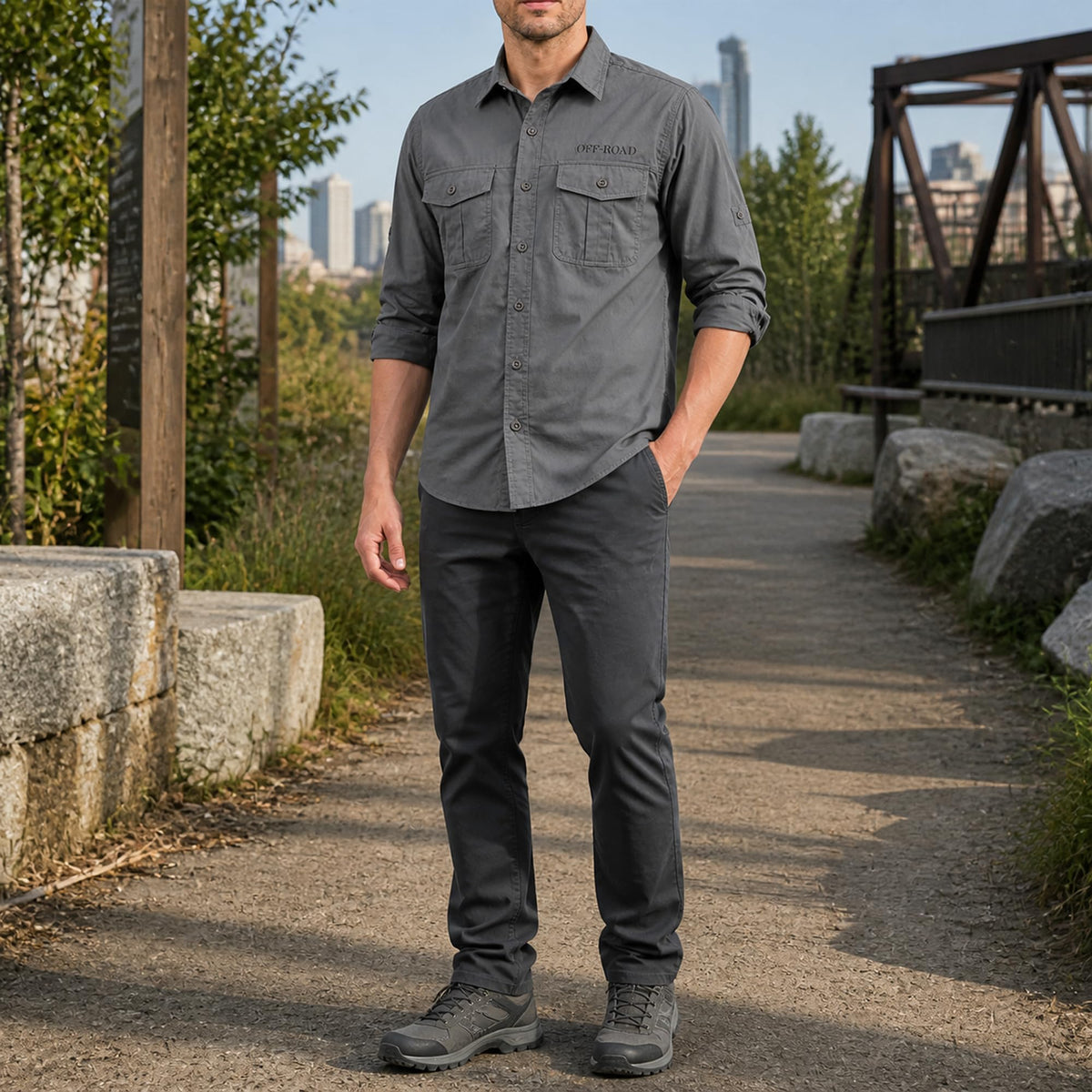 FREDD MARSHALL Men's Roll-Up Sleeve Cotton Cargo Work Shirt - Gray