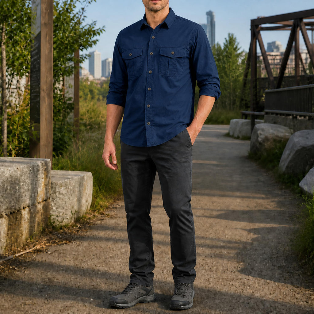 FREDD MARSHALL Men's Long Sleeve Cotton Cargo Work Shirt - Dark Blue