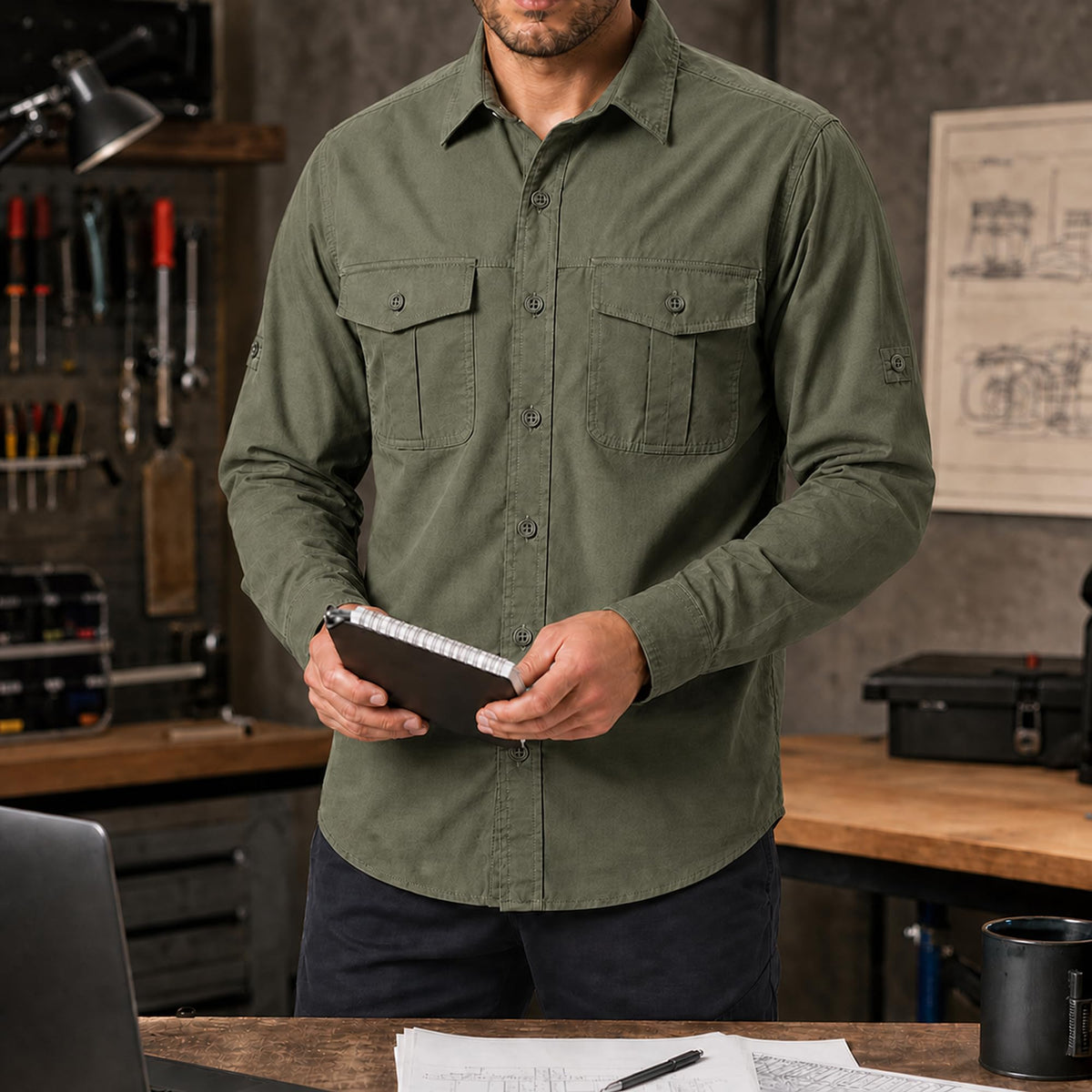 FREDD MARSHALL Men's Long Sleeve Cotton Cargo Work Shirt - Army Green