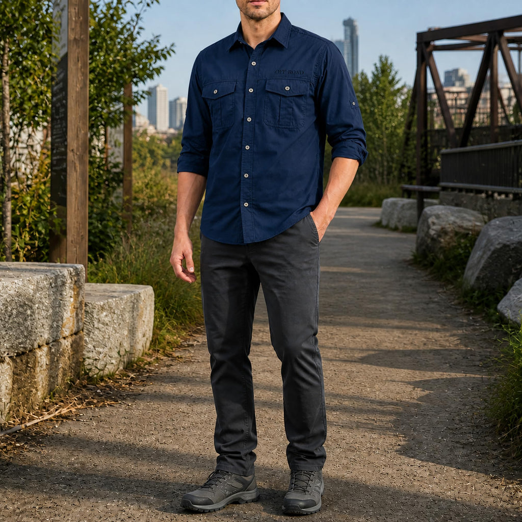 FREDD MARSHALL Men's Roll-Up Sleeve Cotton Cargo Work Shirt - Dark Blue