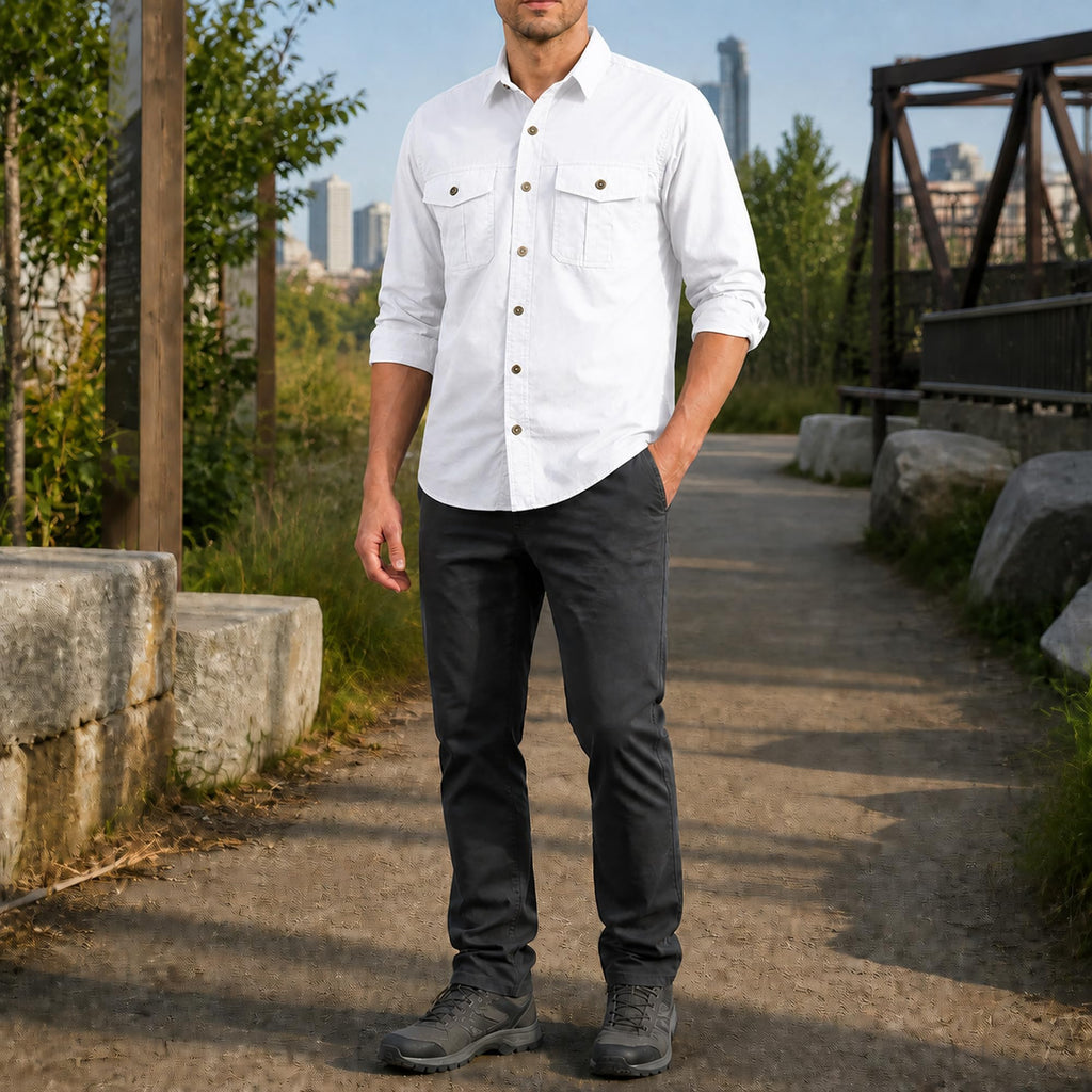 FREDD MARSHALL Men's Long Sleeve Cotton Cargo Work Shirt - White