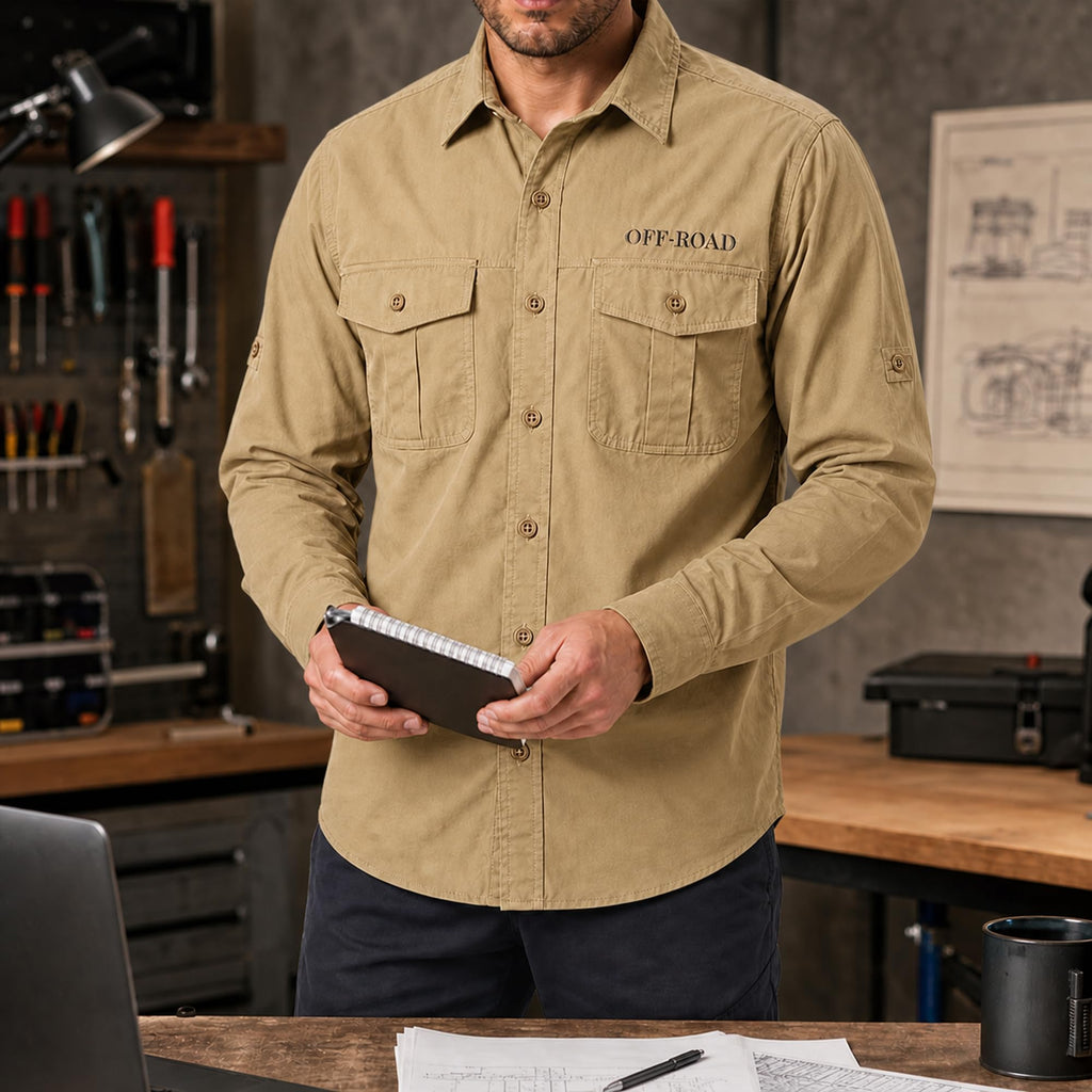 FREDD MARSHALL Men's Roll-Up Sleeve Cotton Cargo Work Shirt - Khaki