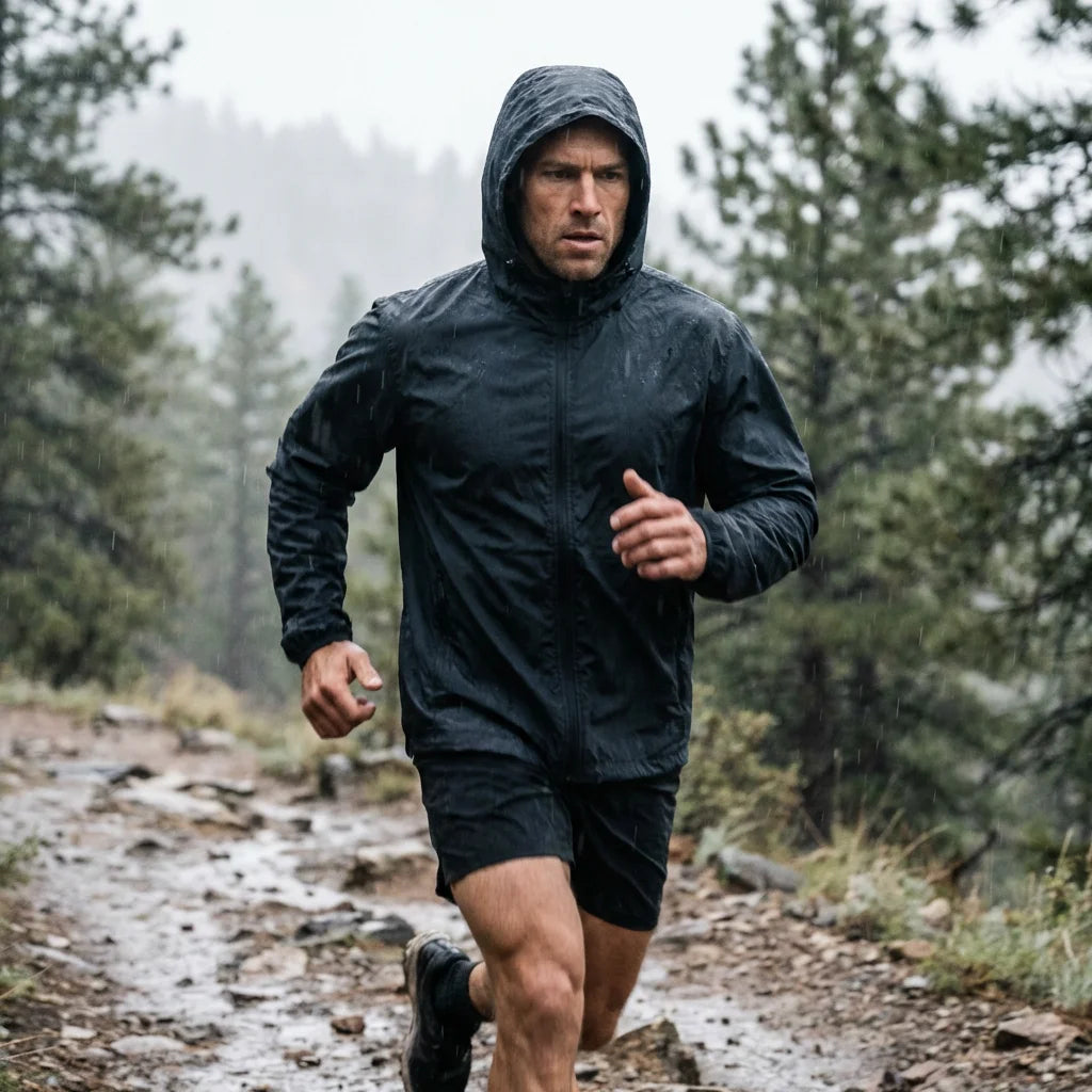 FREDD MARSHALL Norvan-Shell SL Wind Jacket man running in rain