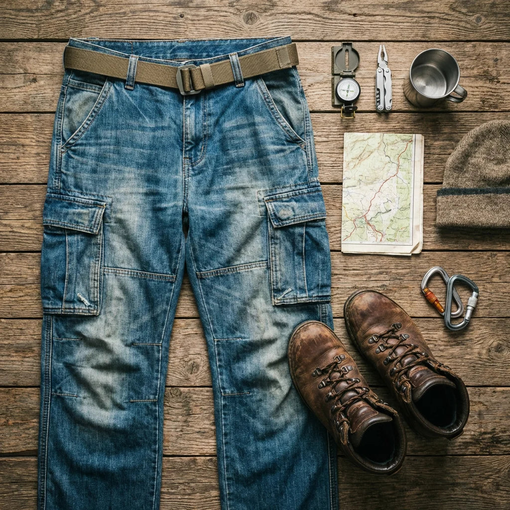 FREDD MARSHALL Urban-Utility Denim Cargo Pants gear flat lay