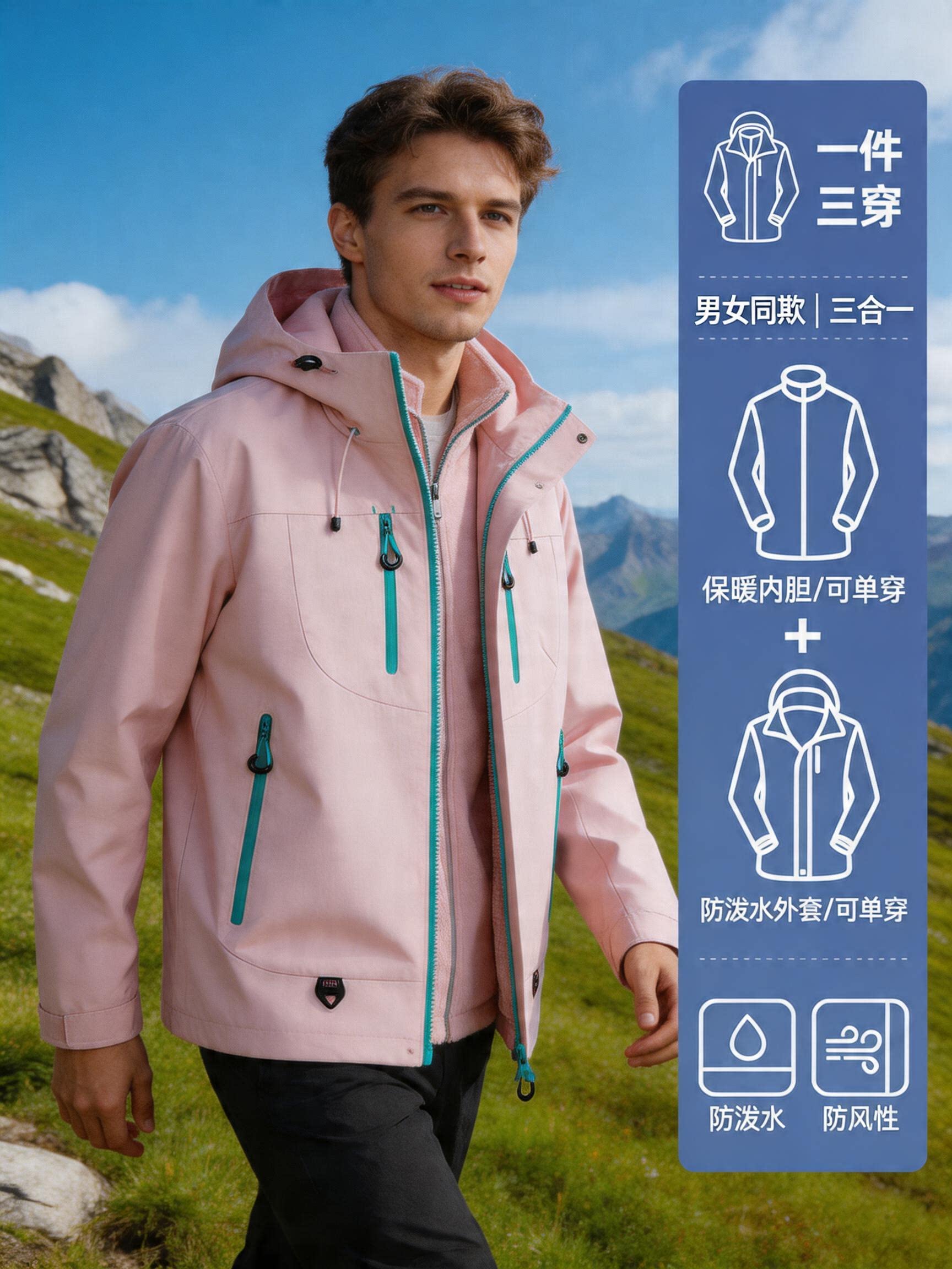 CF036 Women's 3-in-1 Mountain Jacket - Waterproof Windproof Hiking Shell with Fleece Liner