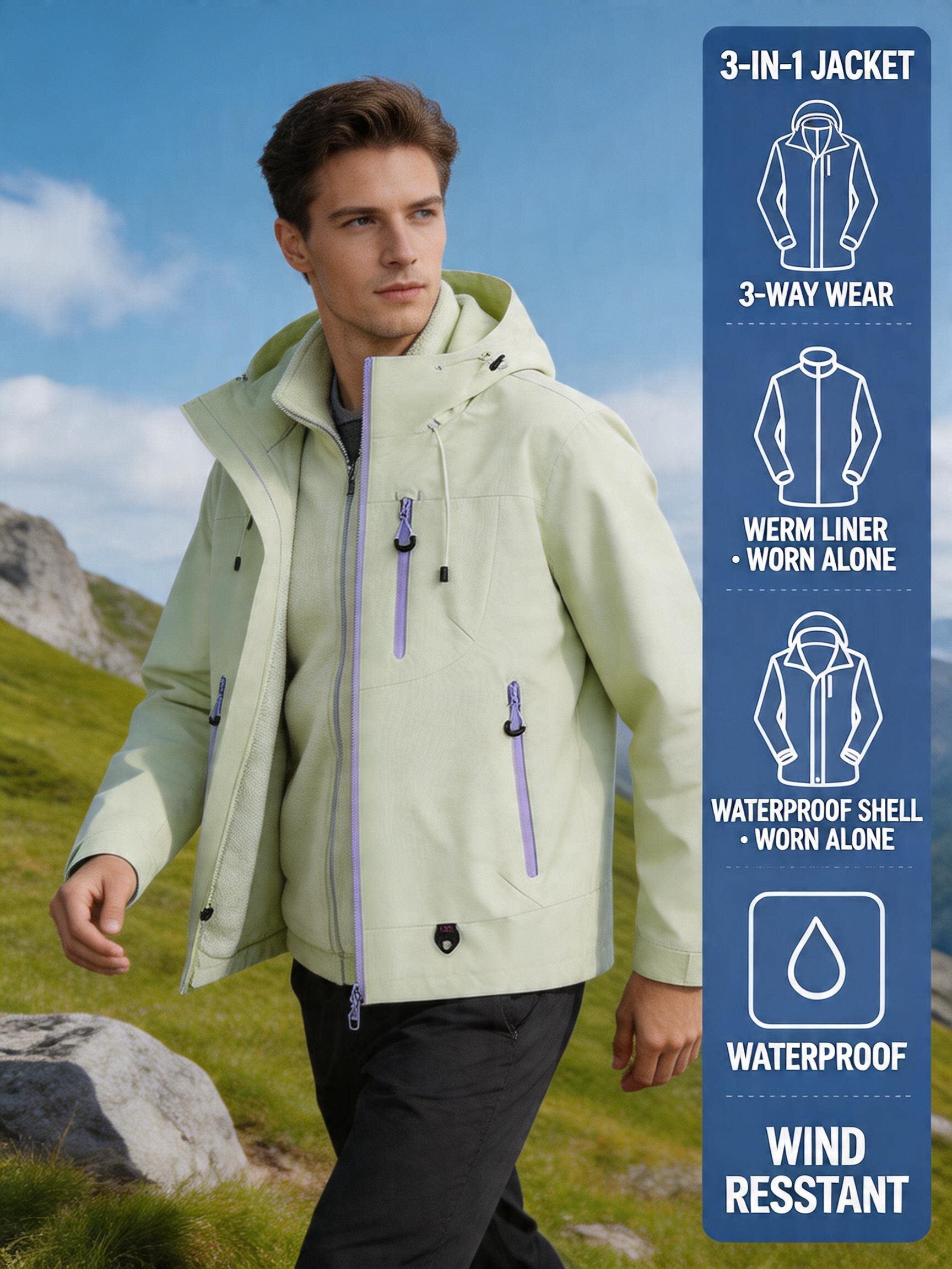 CF036 Women's 3-in-1 Mountain Jacket - Waterproof Windproof Hiking Shell with Fleece Liner