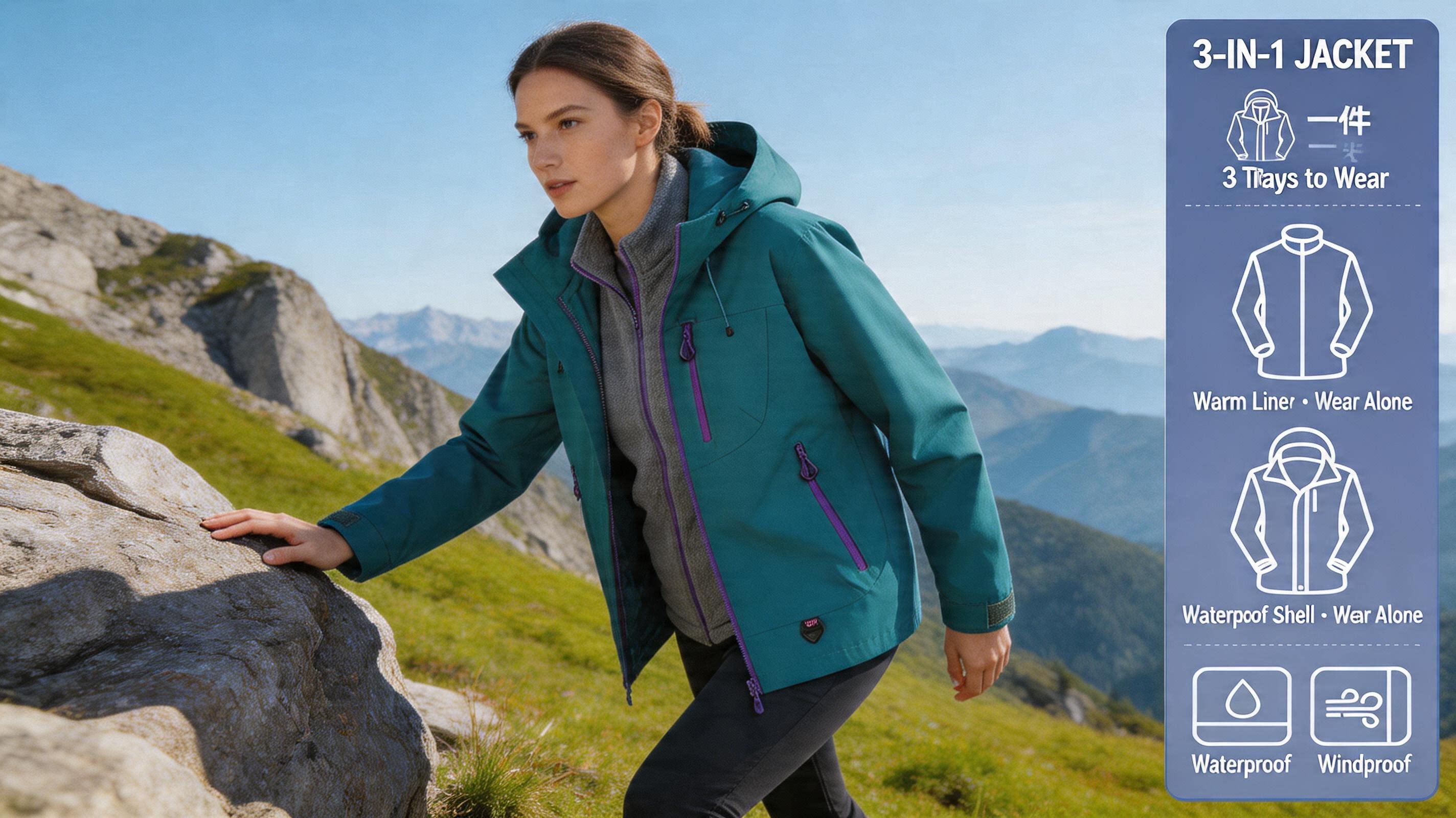 CF036 Women's 3-in-1 Mountain Jacket - Waterproof Windproof Hiking Shell with Fleece Liner