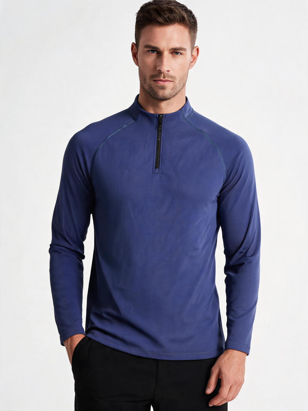 Fleece-Lined Long-Sleeve Tee — Half-Zip Stand Collar