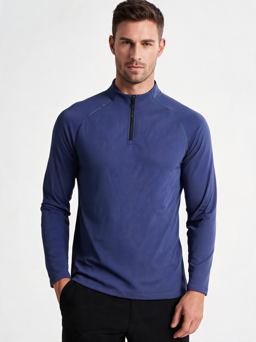 Fleece-Lined Long-Sleeve Tee — Half-Zip Stand Collar