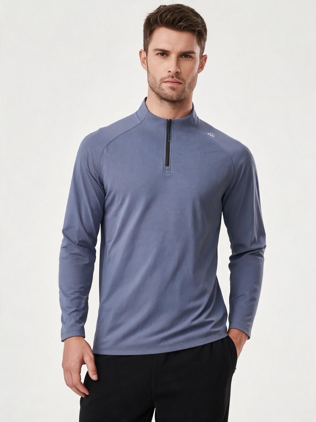 Fleece-Lined Long-Sleeve Tee — Half-Zip Stand Collar
