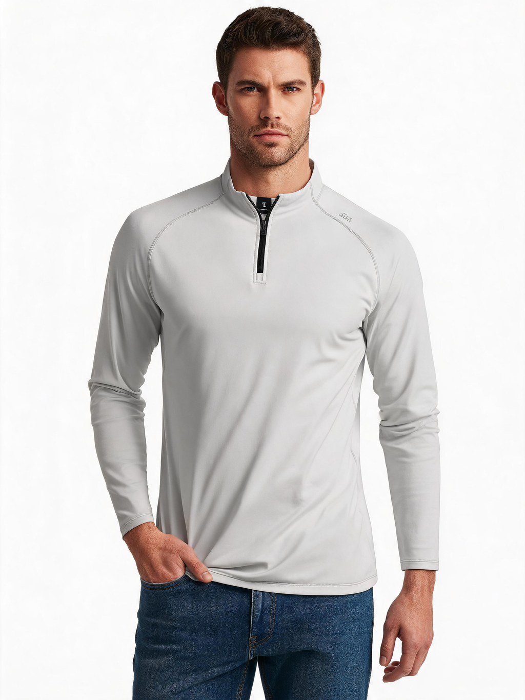 Fleece-Lined Long-Sleeve Tee — Half-Zip Stand Collar