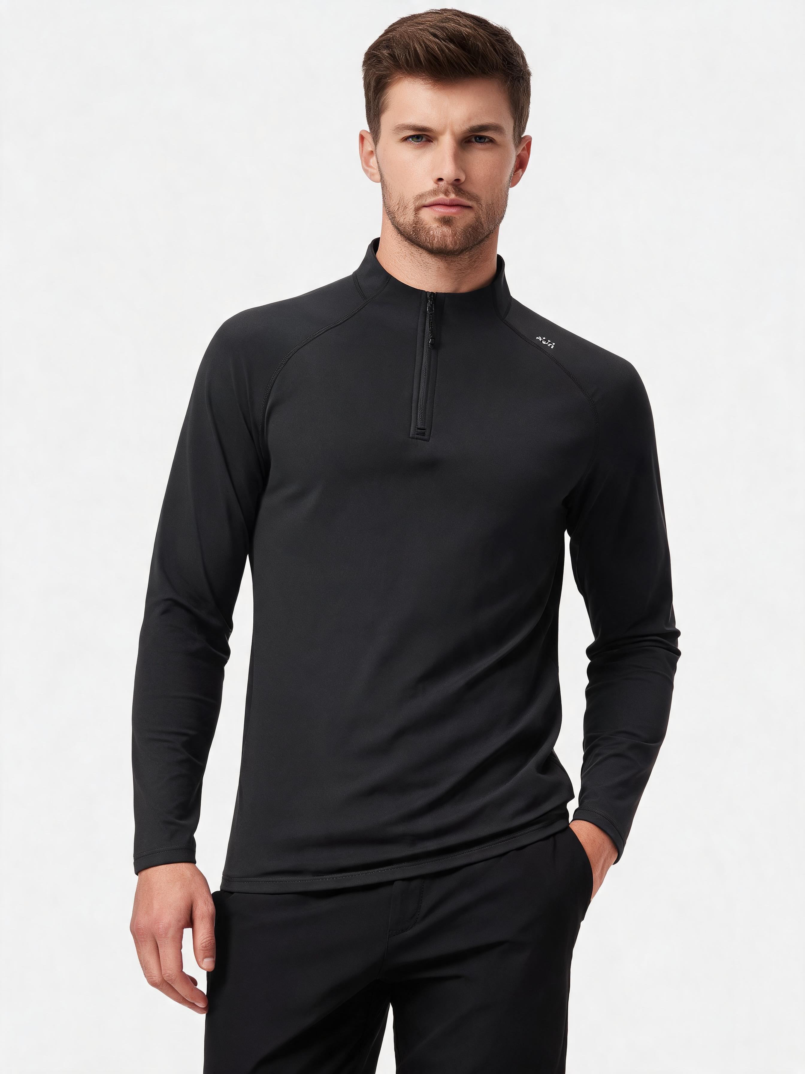 Fleece-Lined Long-Sleeve Tee — Half-Zip Stand Collar