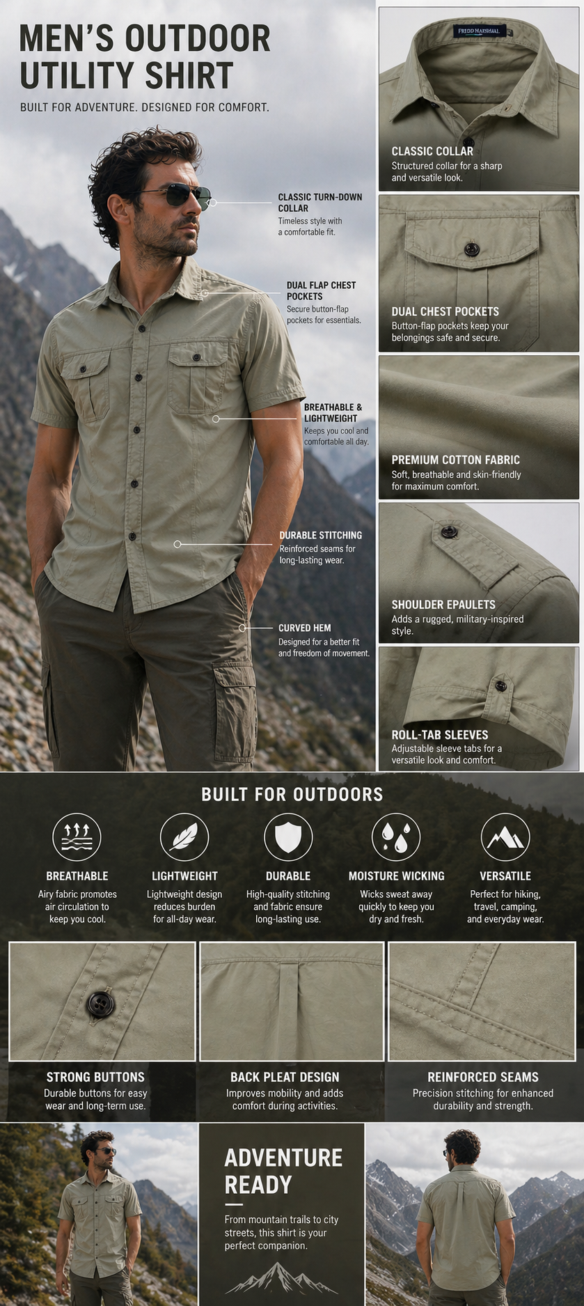 FREDD MARSHALL Men's Tactical Outdoor Shirt — Military Style, Hiking, Workwear