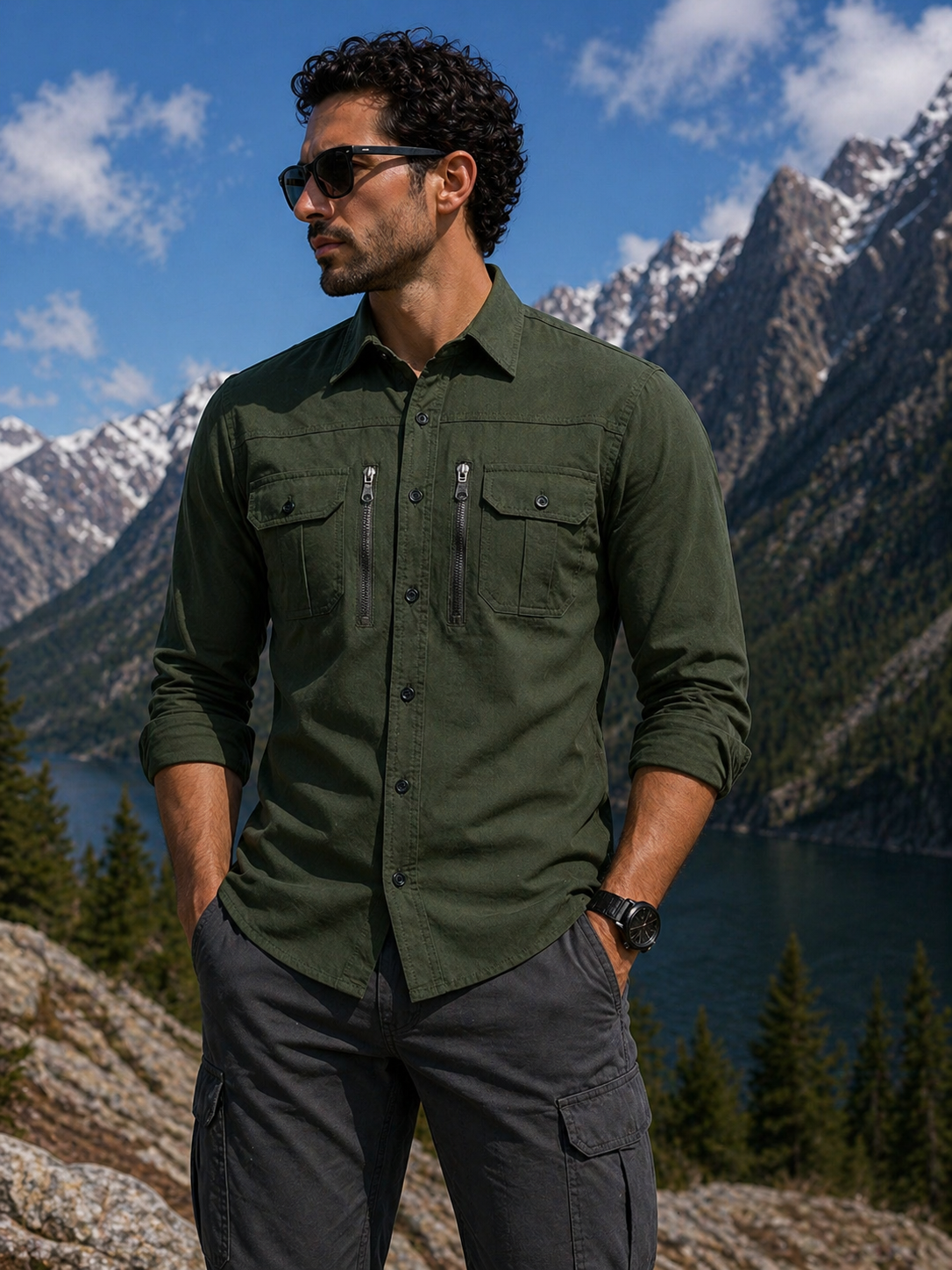 Camisa de senderismo de manga larga para hombre, color verde militar, táctica, para pesca, multibolsillos, para trabajo al aire libre