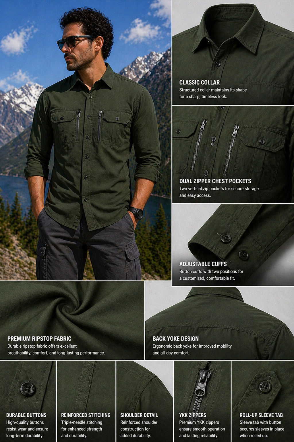 Camisa de senderismo de manga larga para hombre, color verde militar, táctica, para pesca, multibolsillos, para trabajo al aire libre