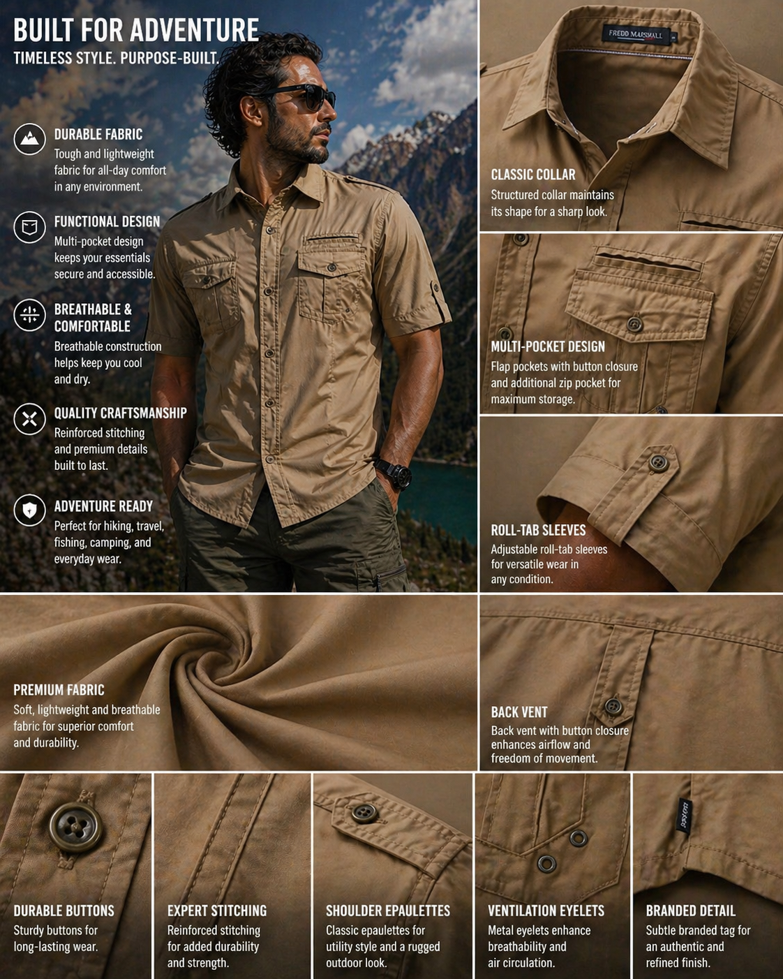 FREDD MARSHALL Men's Tactical Outdoor Shirt — Military Style, Hiking, Workwear
